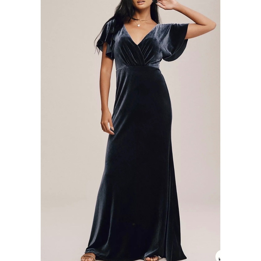 Jenny Yoo Blue Velvet Flutter Sleeve Open Back‎ Formal Gown Dress Sz 19 (XL/2XL)